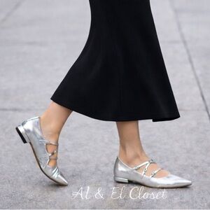 Sam Edelman Cass Silver Leather 3-Strap Pointed Toe Flats Size 6.5 M NWB